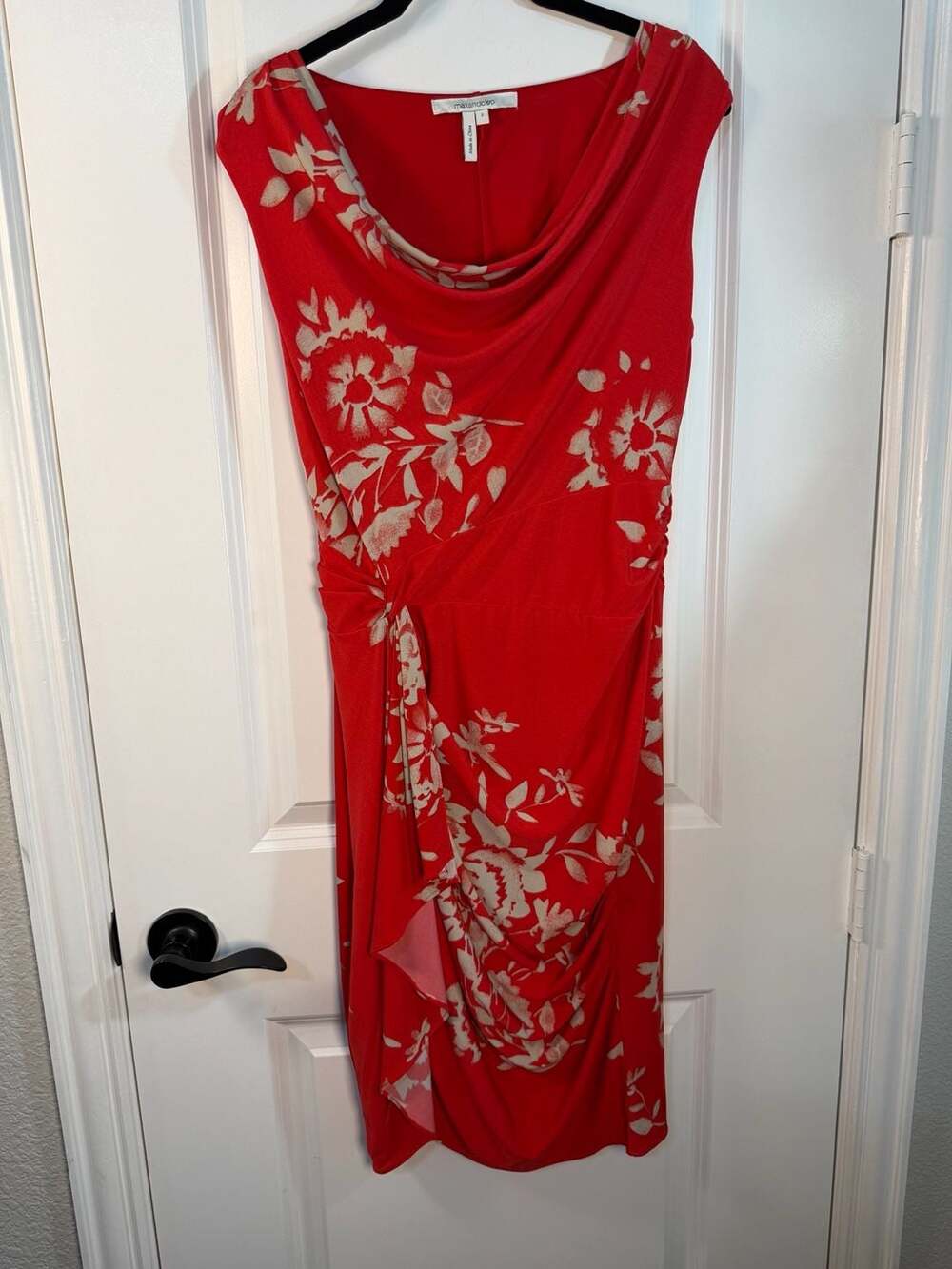 Max and Cleo Red Floral Cowl Neck Ruched Sheath Dress Size S